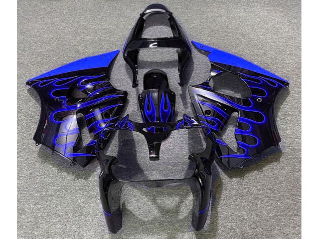 00-02 Schwarz Glänzend & Blau Flame Kawasaki ZX6R Motorrad Verkleidungen 00-02 Schwarz Glänzend & Blau Flame Kawasaki ZX6R Motorrad Verkleidungen