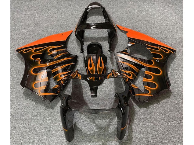 00-02 Schwarz Glänzend & Orange Flame Kawasaki ZX6R Motorrad Verkleidungen 00-02 Schwarz Glänzend & Orange Flame Kawasaki ZX6R Motorrad Verkleidungen