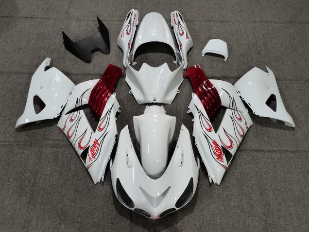06-11 Weiß Rot Flamme Kawasaki ZX14R Motorrad Verkleidungen 06-11 Weiß Rot Flamme Kawasaki ZX14R Motorrad Verkleidungen