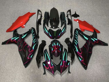 08-10 Rot & Cyan Flamme Suzuki GSXR 600-750 Motorrad Verkleidungen